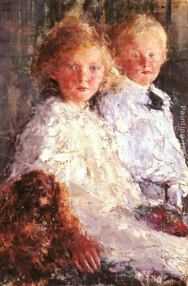 Portrait of Elizabeth and Charles Williamson with their Pet Dog painting - Antonio Mancini Portrait of Elizabeth and Charles Williamson with their Pet Dog art painting